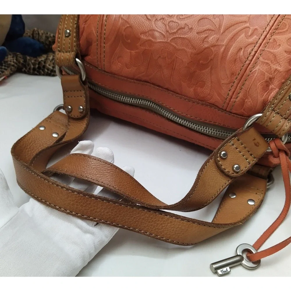 Fossil Orange Leather Floral Double Handles Zipper Closure Satchel Shoulder Bag